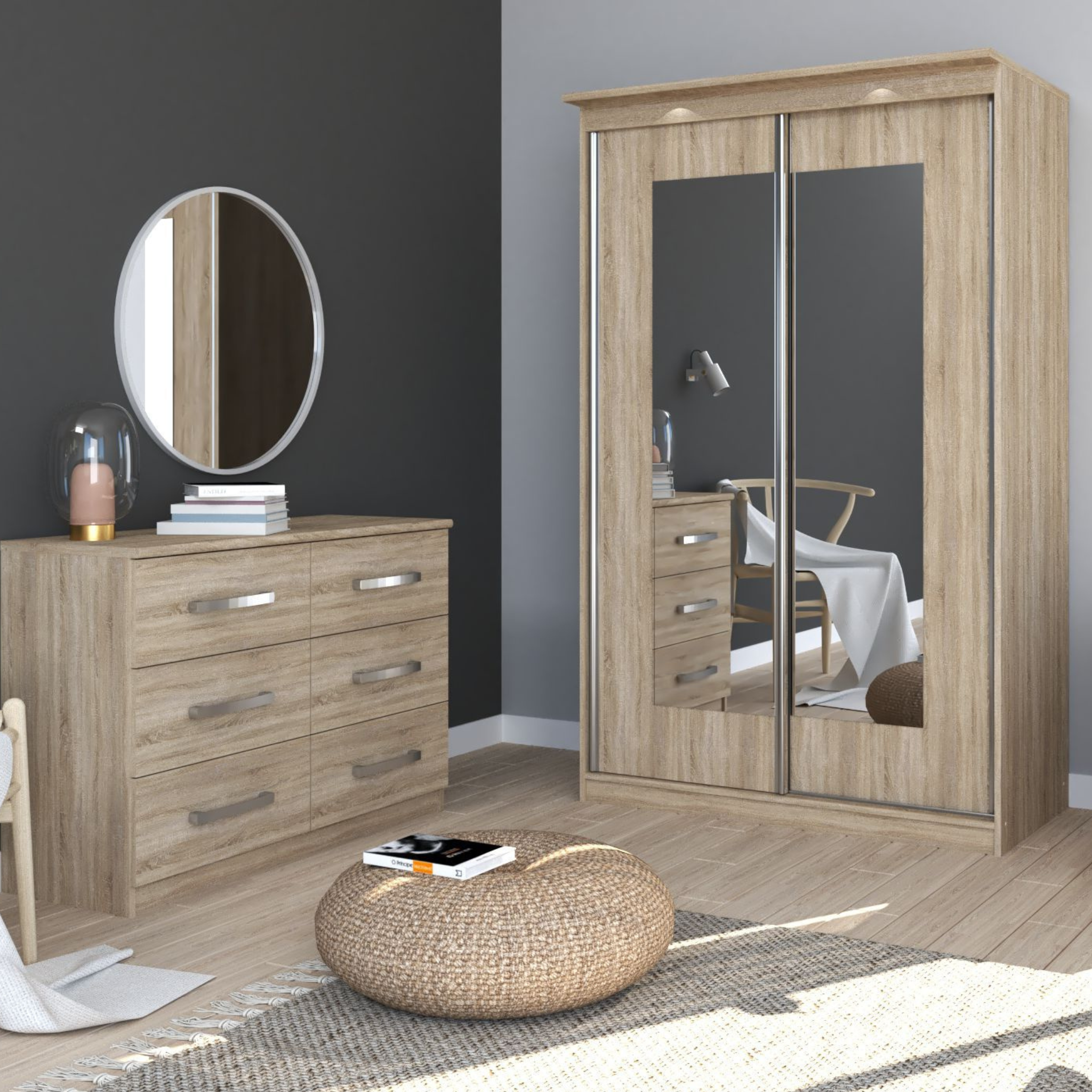 Miegamojo interjeras su spinta ir komoda MORTY kolekcijos baldais