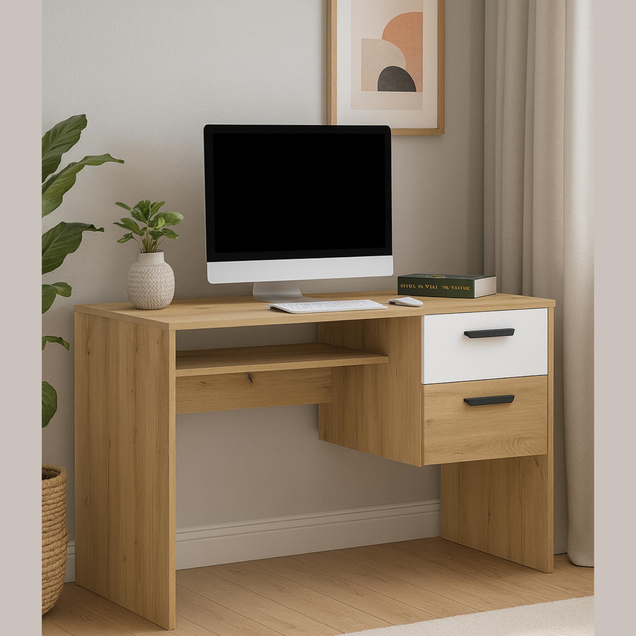 Rašomasis stalas BASIC TWO kambaryje, ąžuolo spalvos korpusas su balta stalčiaus dalimi, tinka darbo zonai.