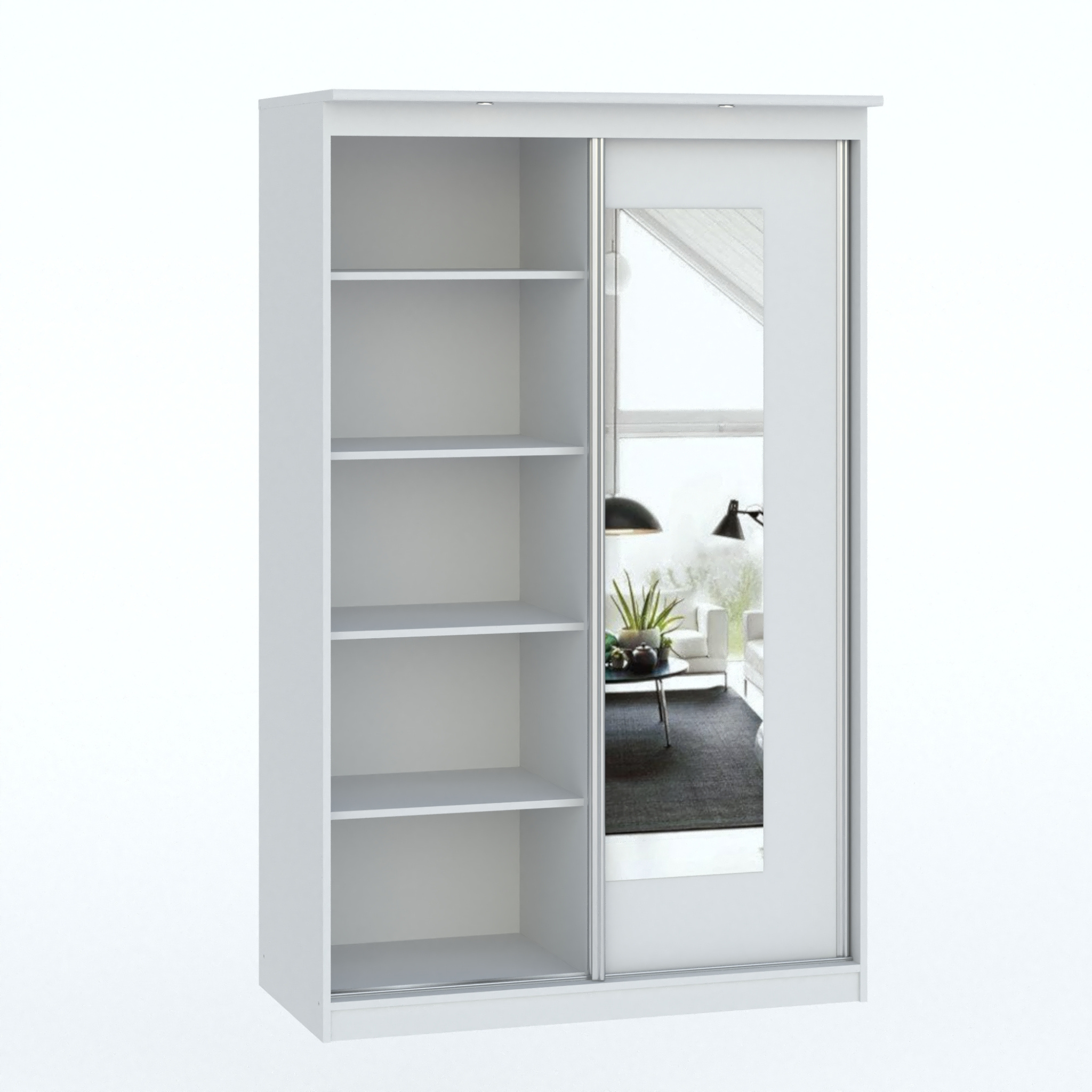 Balta spinta MORTY su lentynomis ir kabykla drabužiams